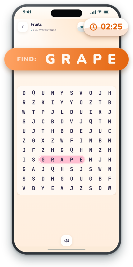 A Cascade puzzle mid-play: the header reads FIND: GRAPE, the countdown shows 02:25, and GRAPE is highlighted in the grid.