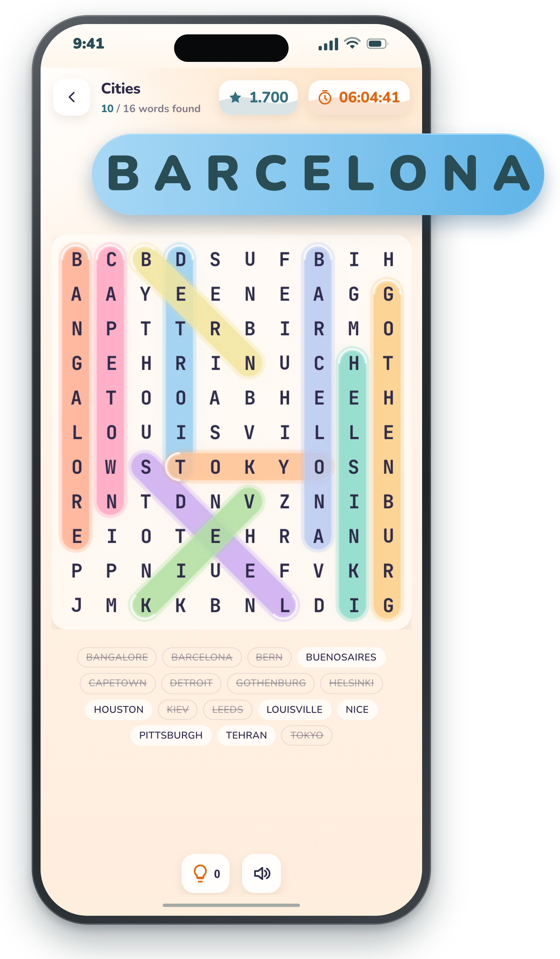 A Cities puzzle two-thirds solved, the grid full of coloured highlight pills, with BARCELONA being found.