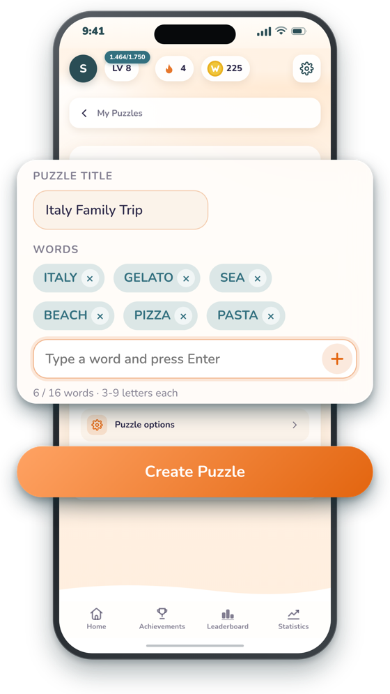 The custom puzzle builder with the title Italy Family Trip and word chips for ITALY, GELATO, SEA, BEACH, PIZZA and PASTA.