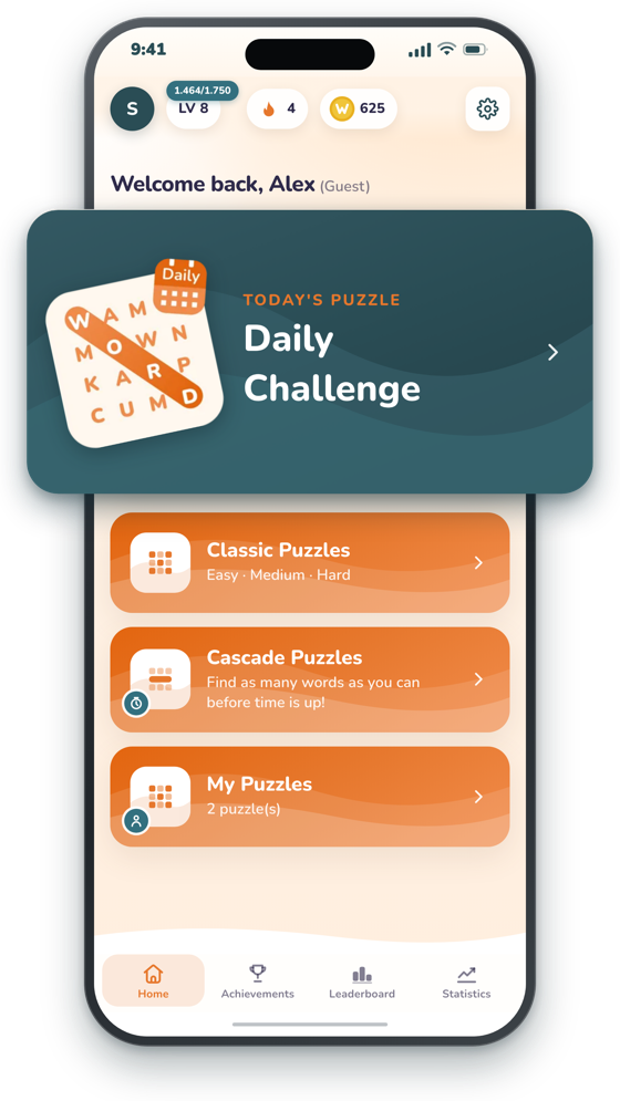 The home screen with the Daily Challenge card lifted out, showing today's puzzle and the current streak.