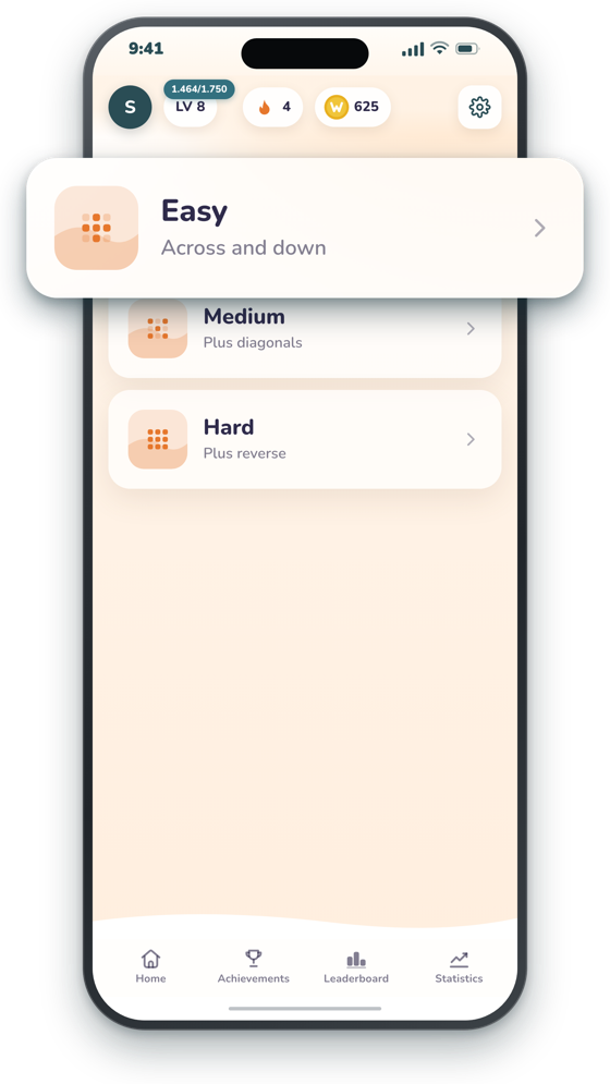 The Classic Puzzles screen listing three levels — Easy, across and down; Medium, plus diagonals; Hard, plus reverse — with the Easy card lifted out.